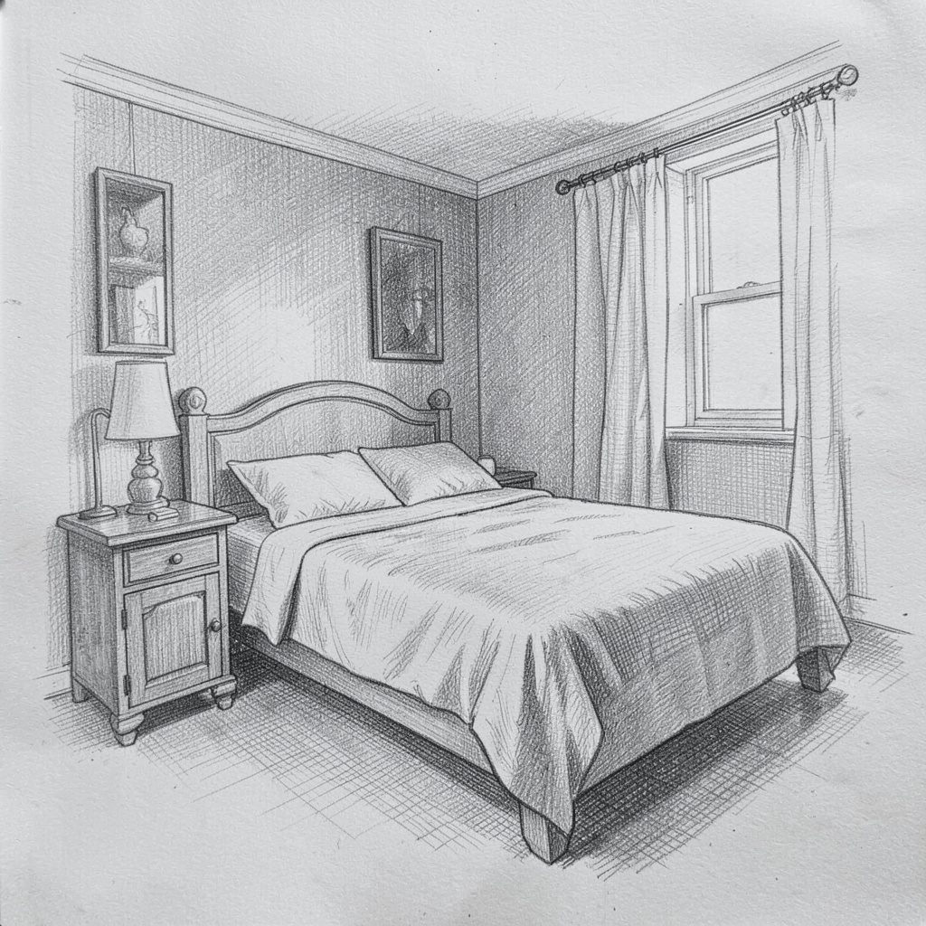 Croquis au crayon d'un marteau de commissaire-priseur et d'un catalogue, tons gris